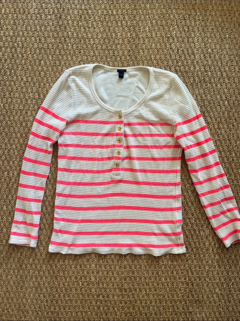 J. Crew White & Coral Stripe Long-Sleeve Henley Top, Sz. S